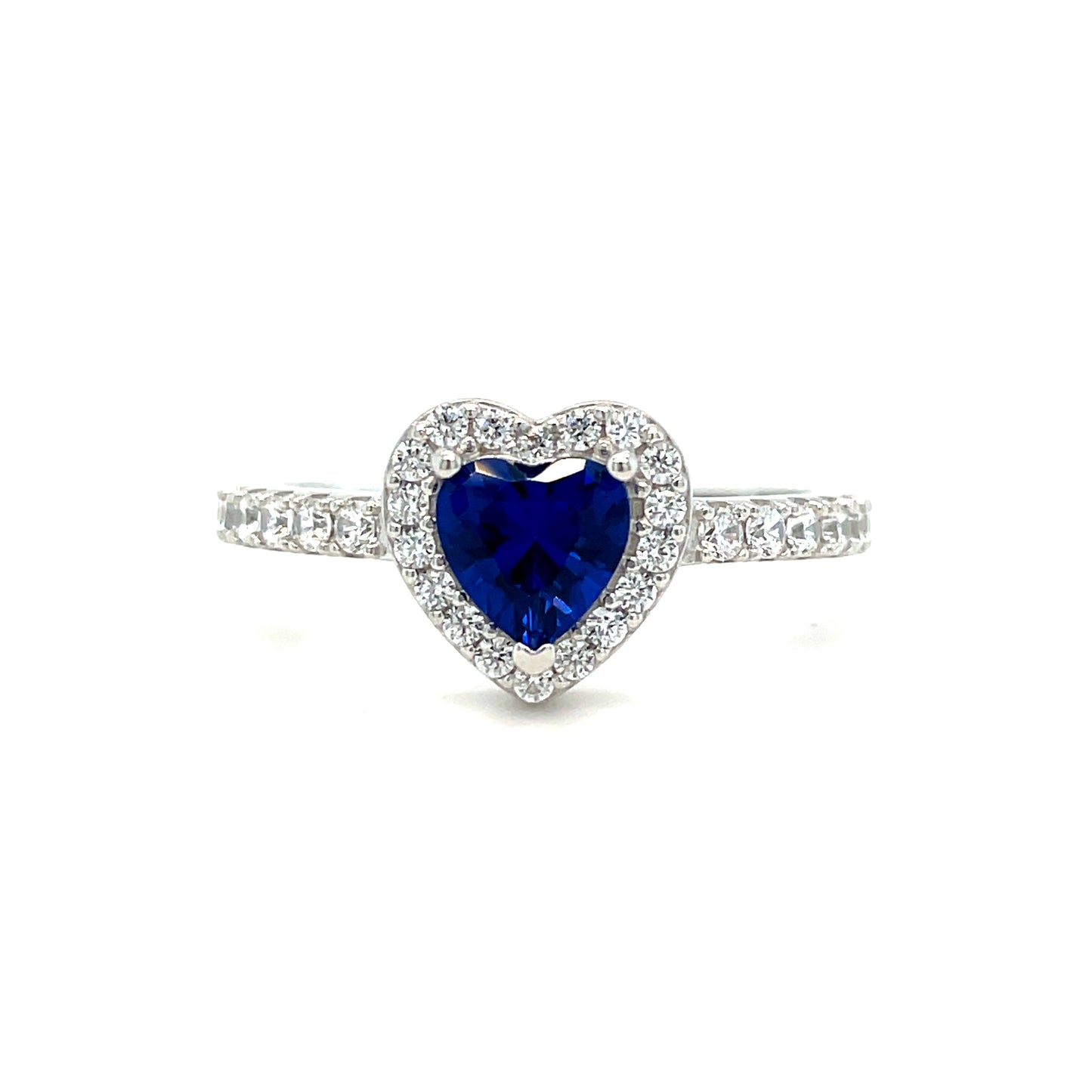 Sterling Silver Dark Blue CZ Heart Ring With CZ Halo