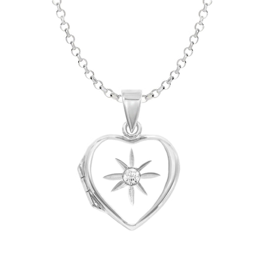 Sterling Silver Polished Heart Locket With Cubic Zirconia Star