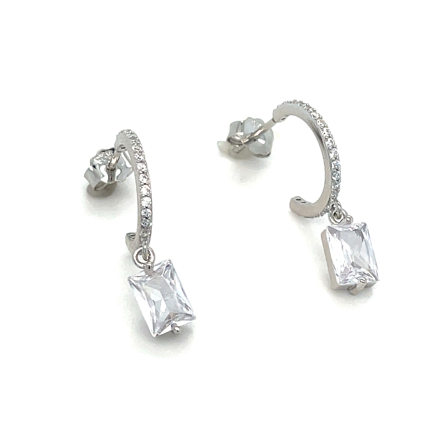 Sterling Silver CZ Set Huggy Earring with Emerald Cut CZ Drop