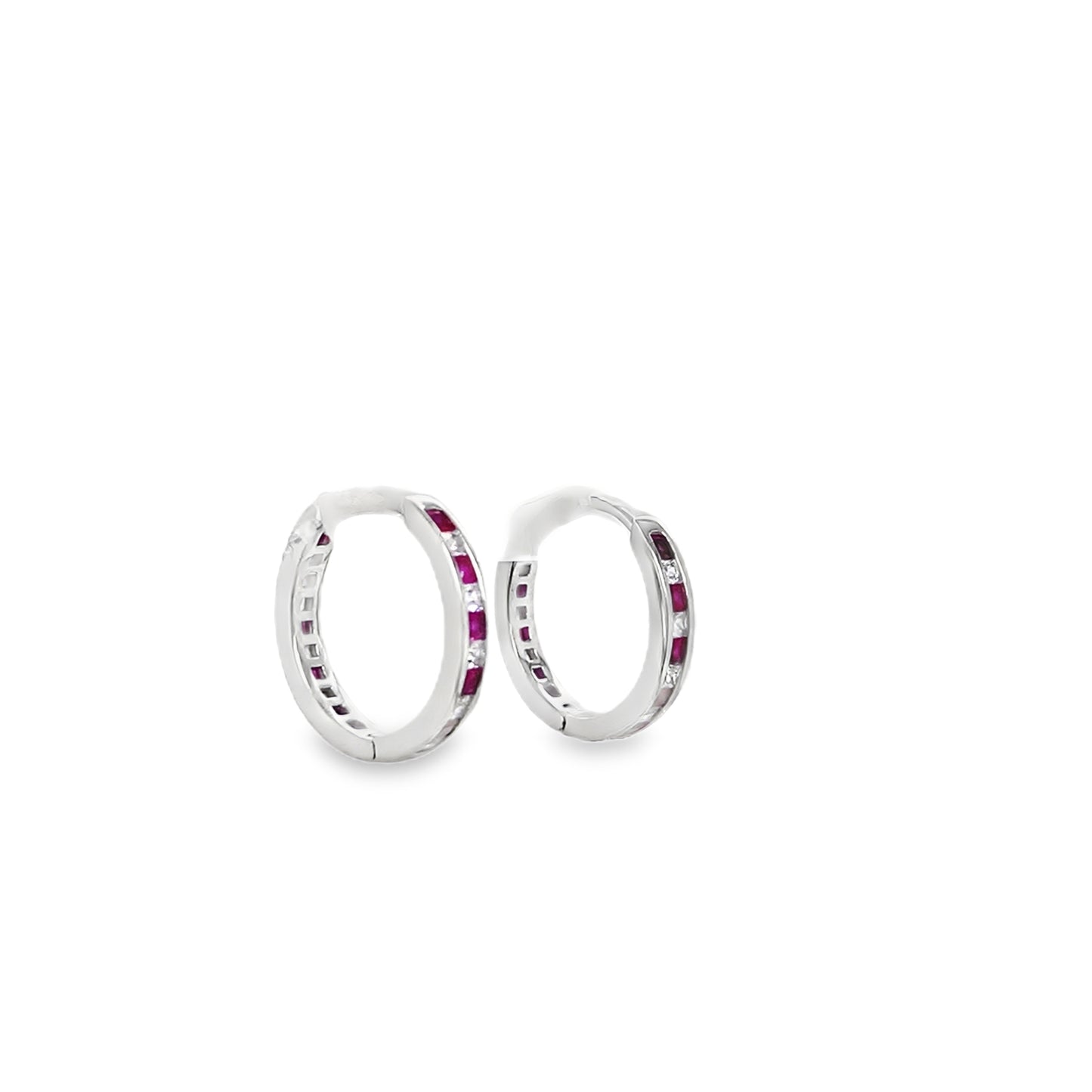 Sterling Silver Channel Set White and Red CZ Hoop 11mm