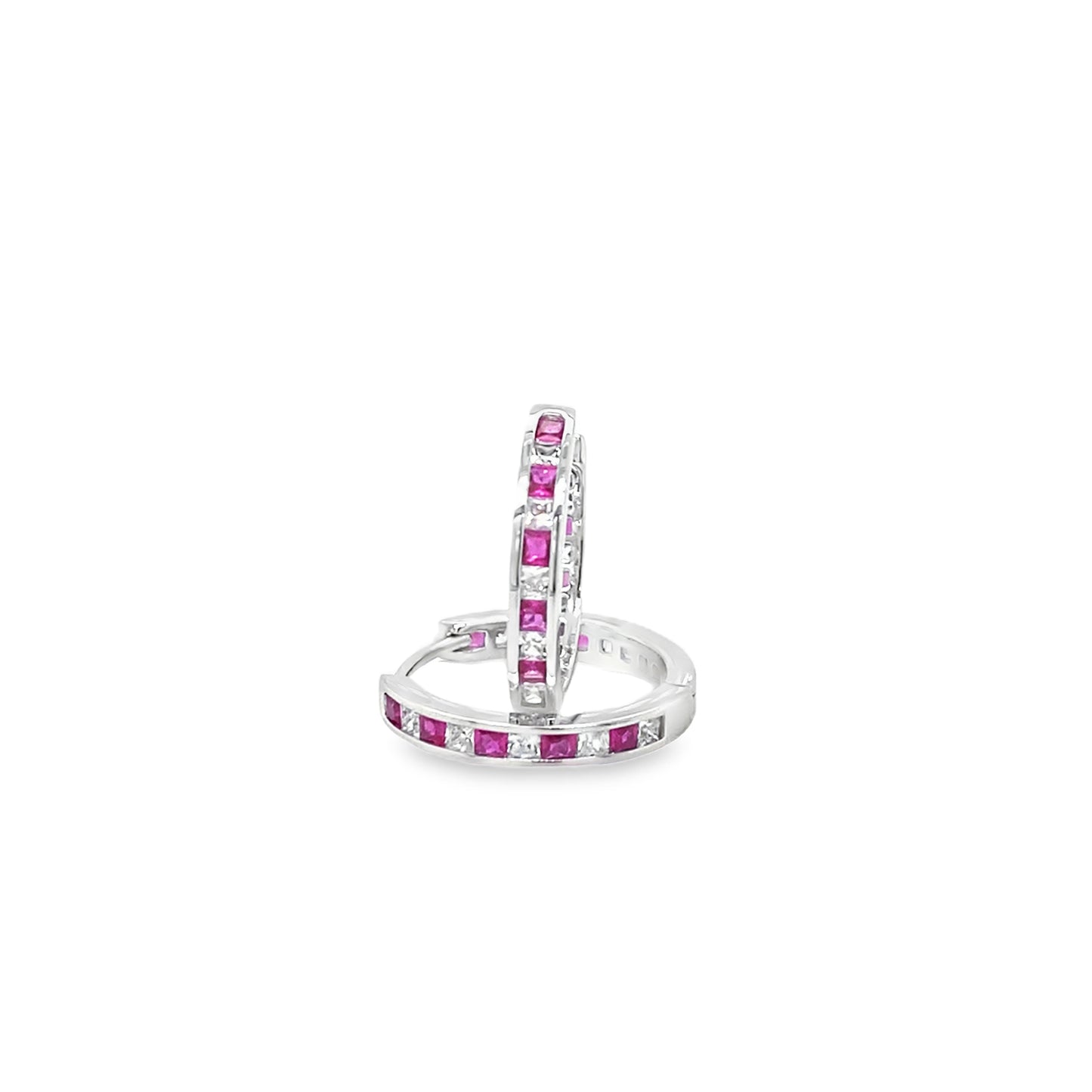 Sterling Silver Channel Set White and Red CZ Hoop 11mm