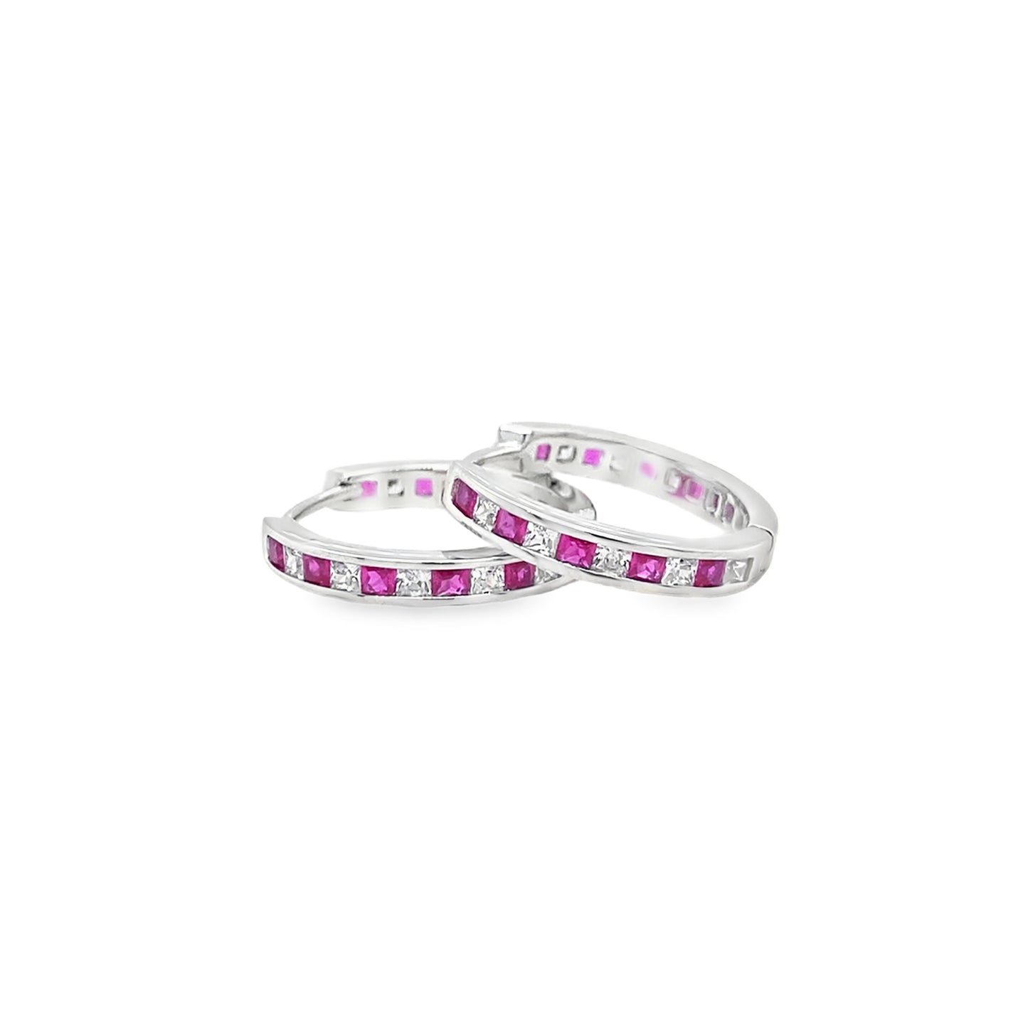 Sterling Silver Channel Set White and Red CZ Hoop 11mm