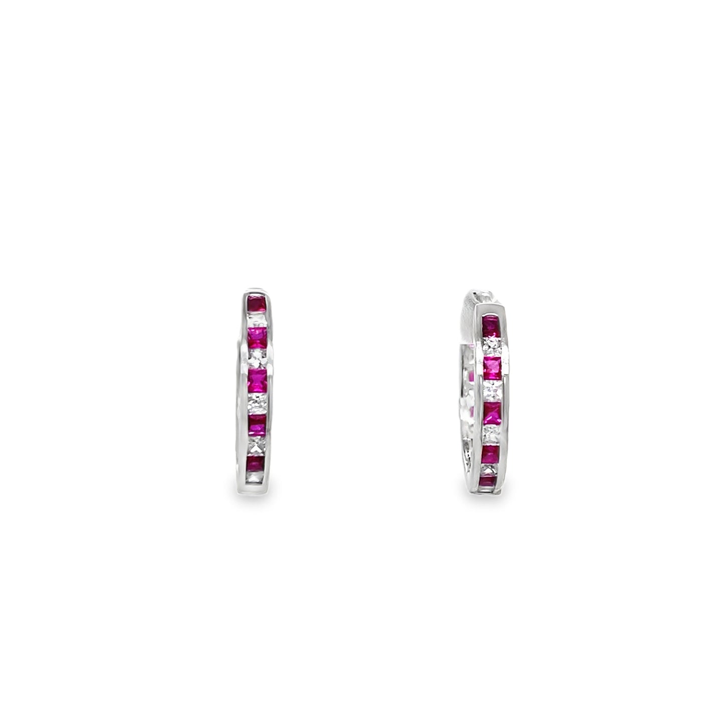 Sterling Silver Channel Set White and Red CZ Hoop 11mm