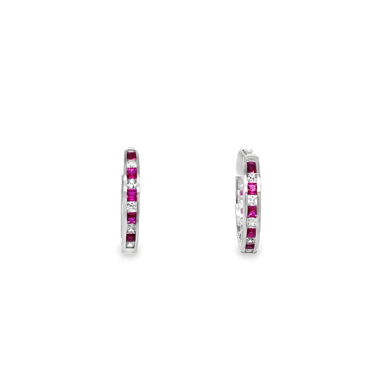 Sterling Silver Channel Set White and Red CZ Hoop 11mm