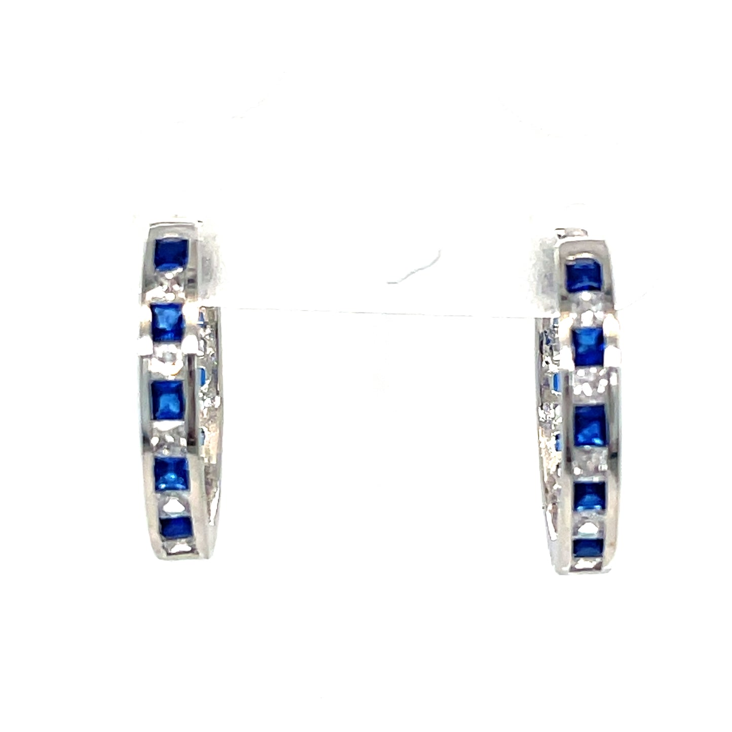 Sterling Silver Channel Set White and Blue CZ Hoop 11mm