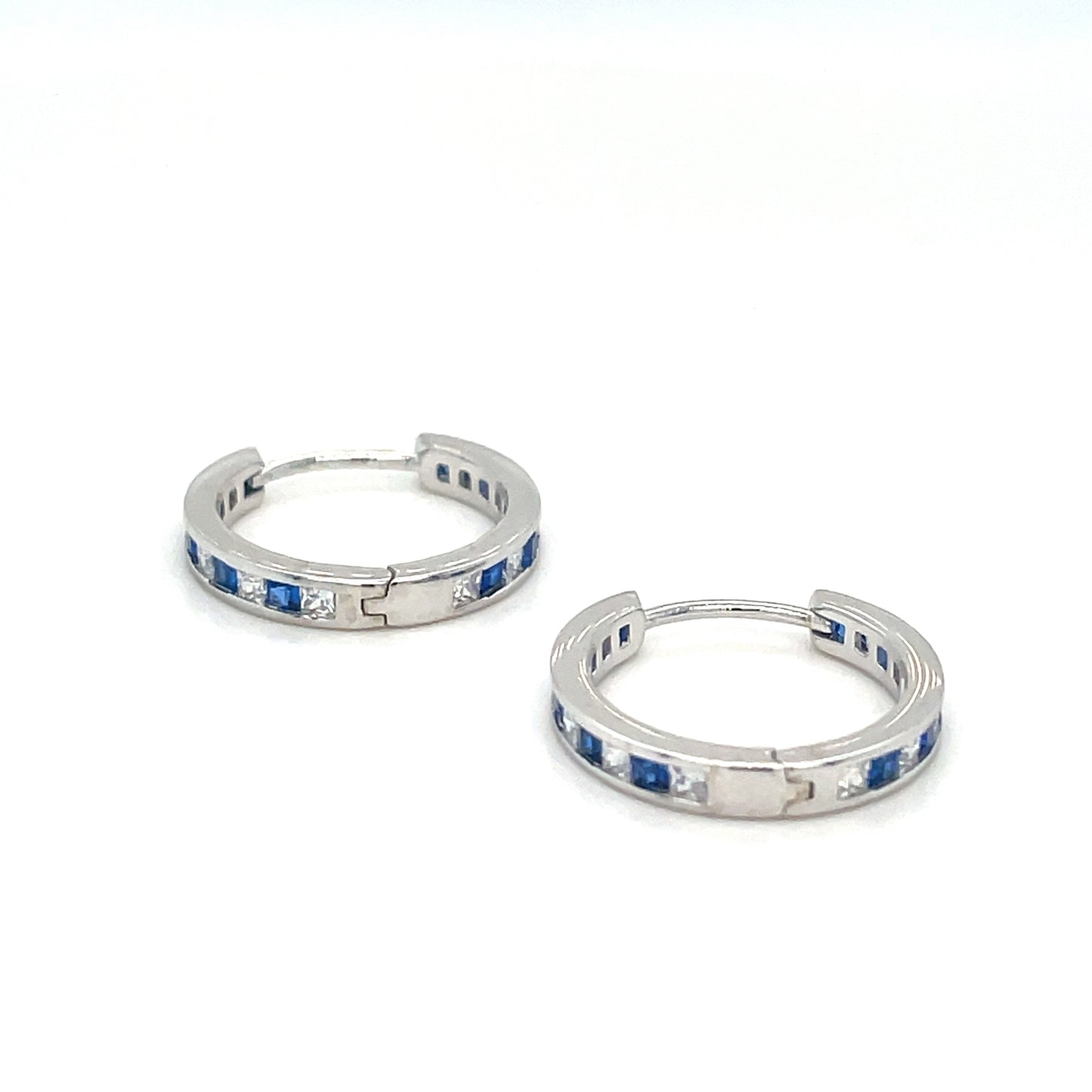 Sterling Silver Channel Set White and Blue CZ Hoop 11mm