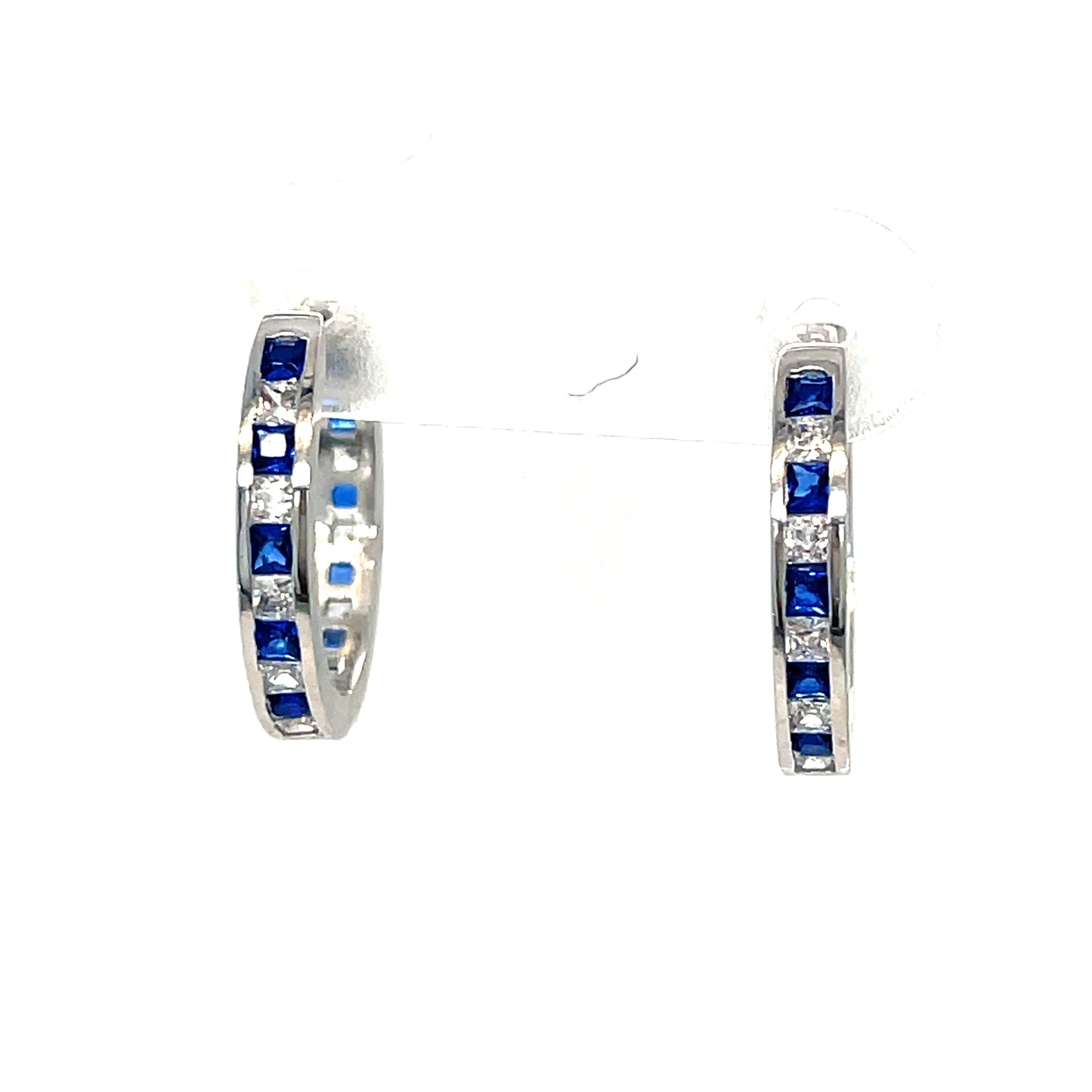Sterling Silver Channel Set White and Blue CZ Hoop 11mm