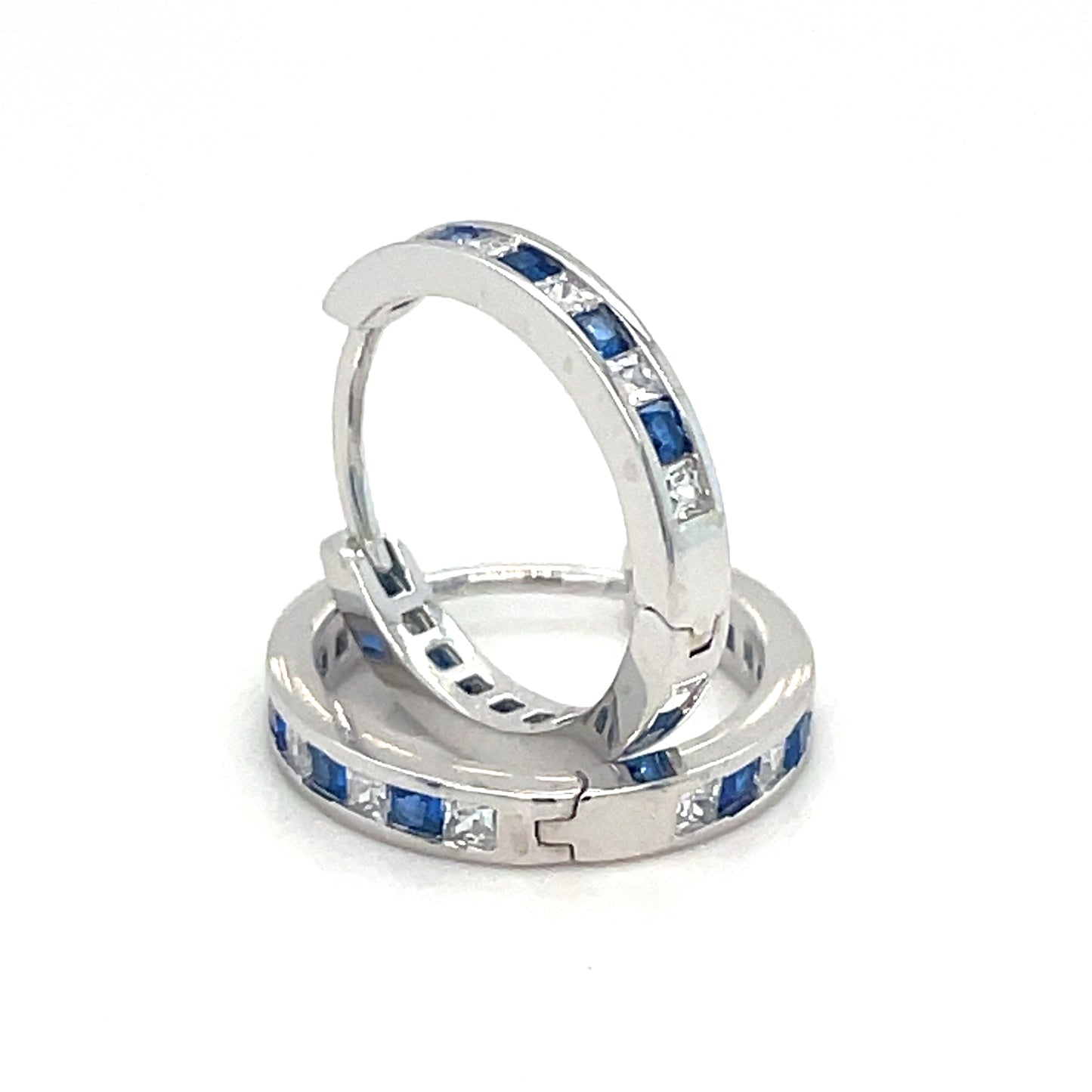 Sterling Silver Channel Set White and Blue CZ Hoop 11mm