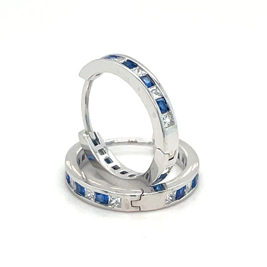 Sterling Silver Channel Set White and Blue CZ Hoop 11mm