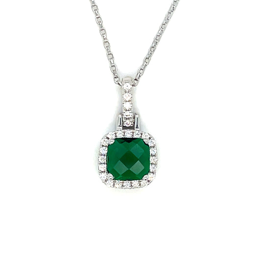 Sterling Silver Cushion Cut Green CZ Pendant With CZ Halo and Baile