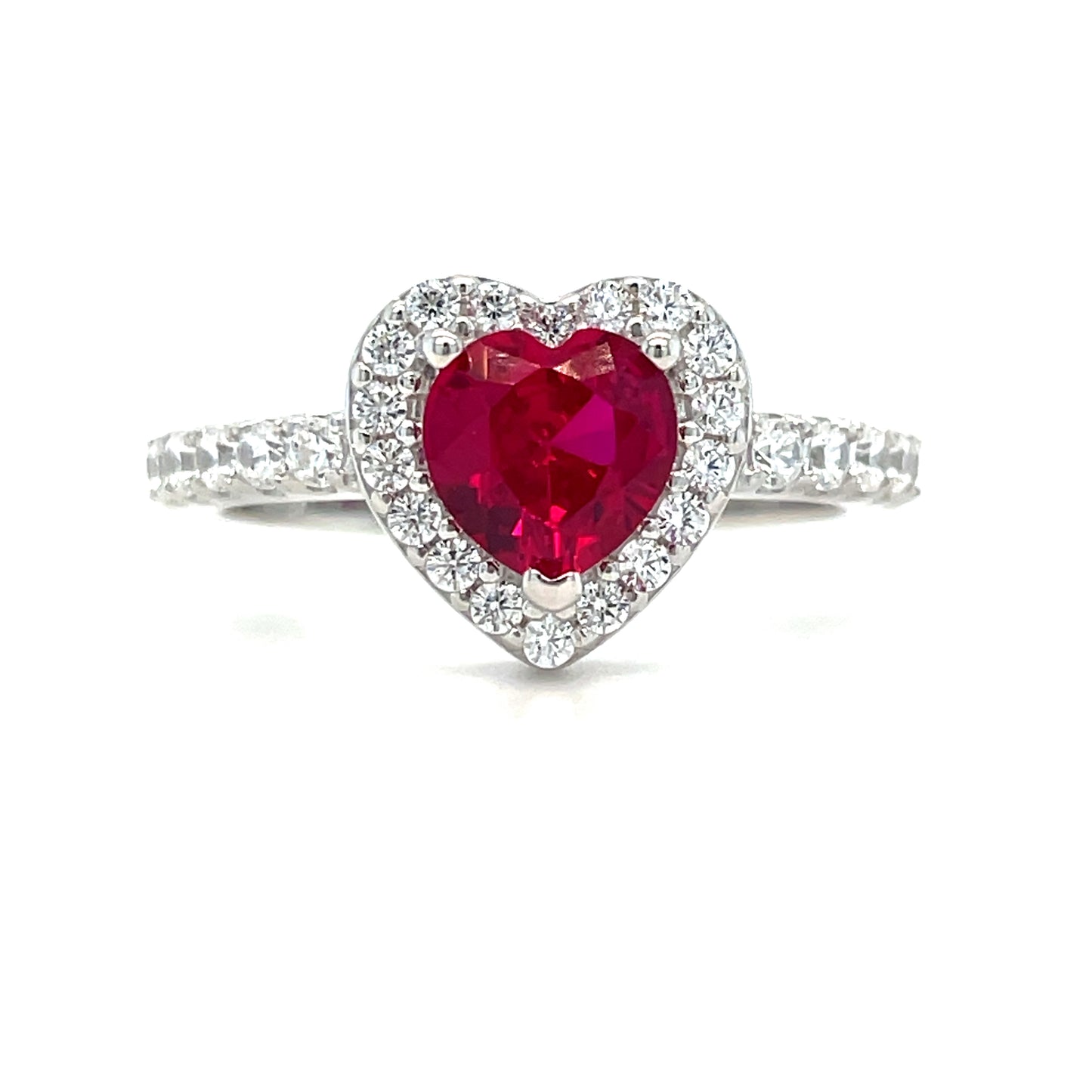 Sterling Silver Red Heart CZ Ring with White CZ Halo
