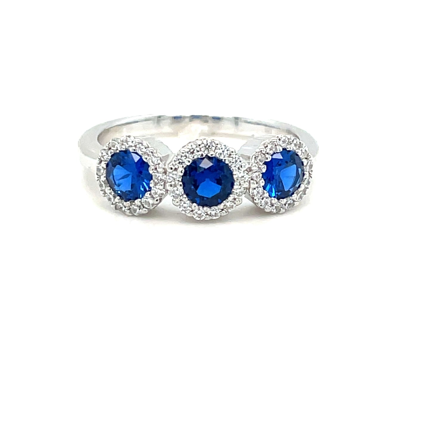 Sterling Silver Three Stone Round Blue CZ with Halo