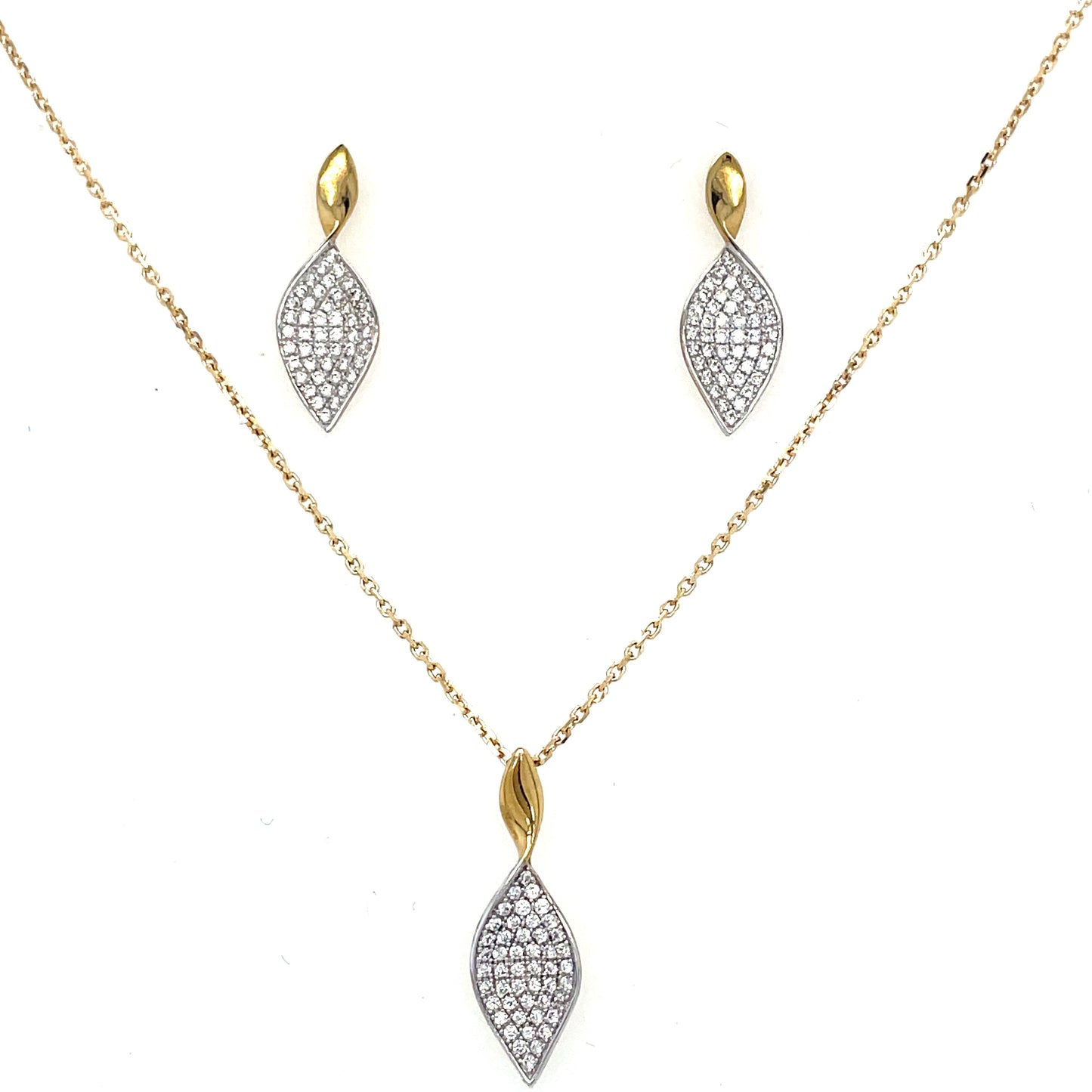 9ct Yellow Gold Pave CZ Leaf Necklet and Earring Set