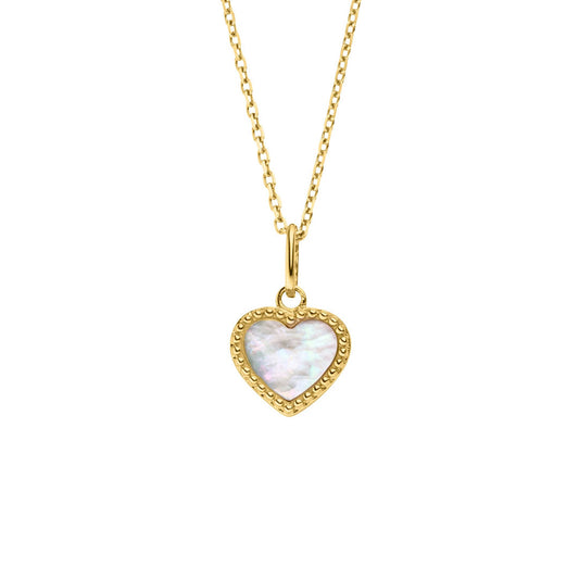 9ct Yellow Gold Mother Of Pearl Heart Necklet with Milgrain Edge