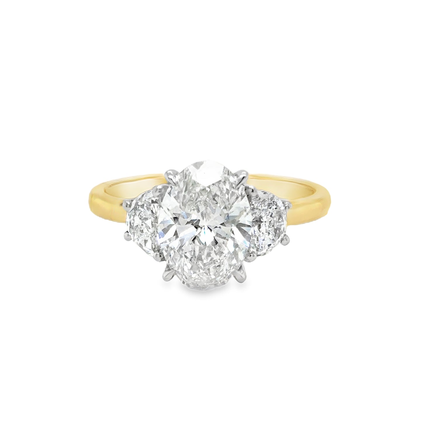 18ct Yellow Gold Three Stone Oval and Demilune Shoulder Cultured Diamond Ring