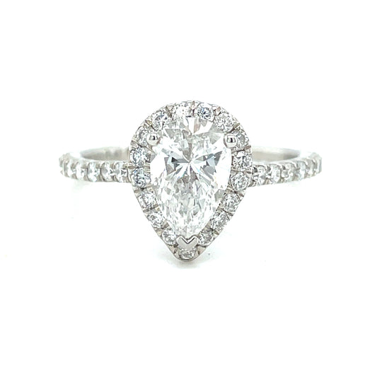 Platinum Pear Solitaire Halo Cultured Diamond Ring 1.35ct