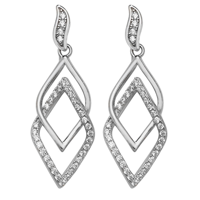 Sterling Silver Polished and CZ Diamond Shape Double Drop Earrings