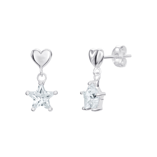 Sterling Silver Polished Heart and CZ Star Drop Earring