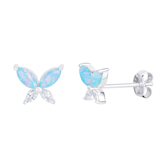 Sterling Silver Blue Opal And CZ Butterfly Stud Earring