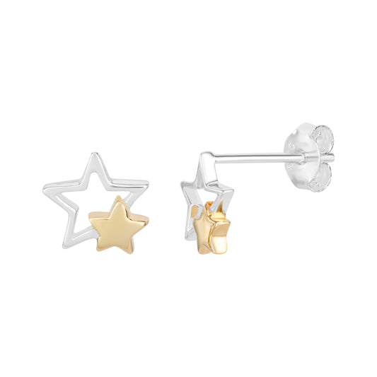 Sterling Silver and Gold Plated Double Star Stud Earring