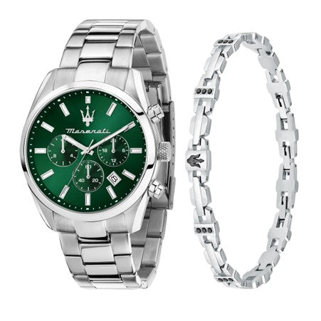 Gents Stainless Steel Maserati Attrazione Green Dial Chronograph Watch & Bracelet Set