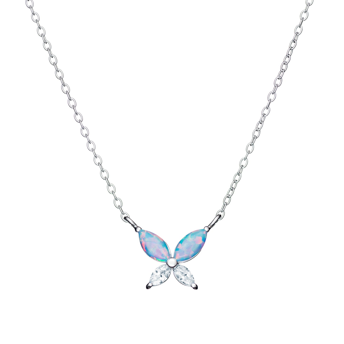 Sterling Silver Opal and CZ Butterfly Necklet