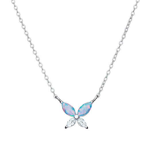 Sterling Silver Opal and CZ Butterfly Necklet