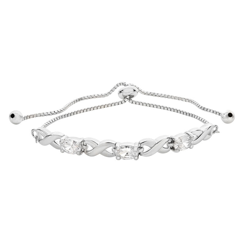 Sterling Silver Oval Cubic Zirocnia and Polished Infinity Adjustable Bracelet