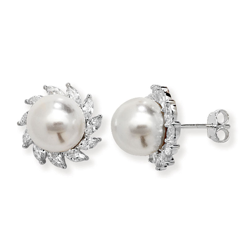Sterling Silver Synthetic Pearl With Cubic Zirocnia Surround Stud Earrings
