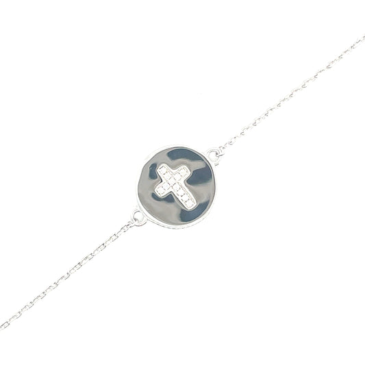 Sterling Silver Disc With Cubic Zirconia Cross Bracelet