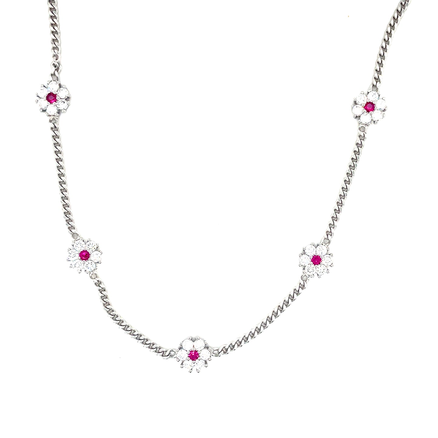Sterling Silver Cubic Zirconia Scattered Flower Necklet With Red Centre On Curb Chain