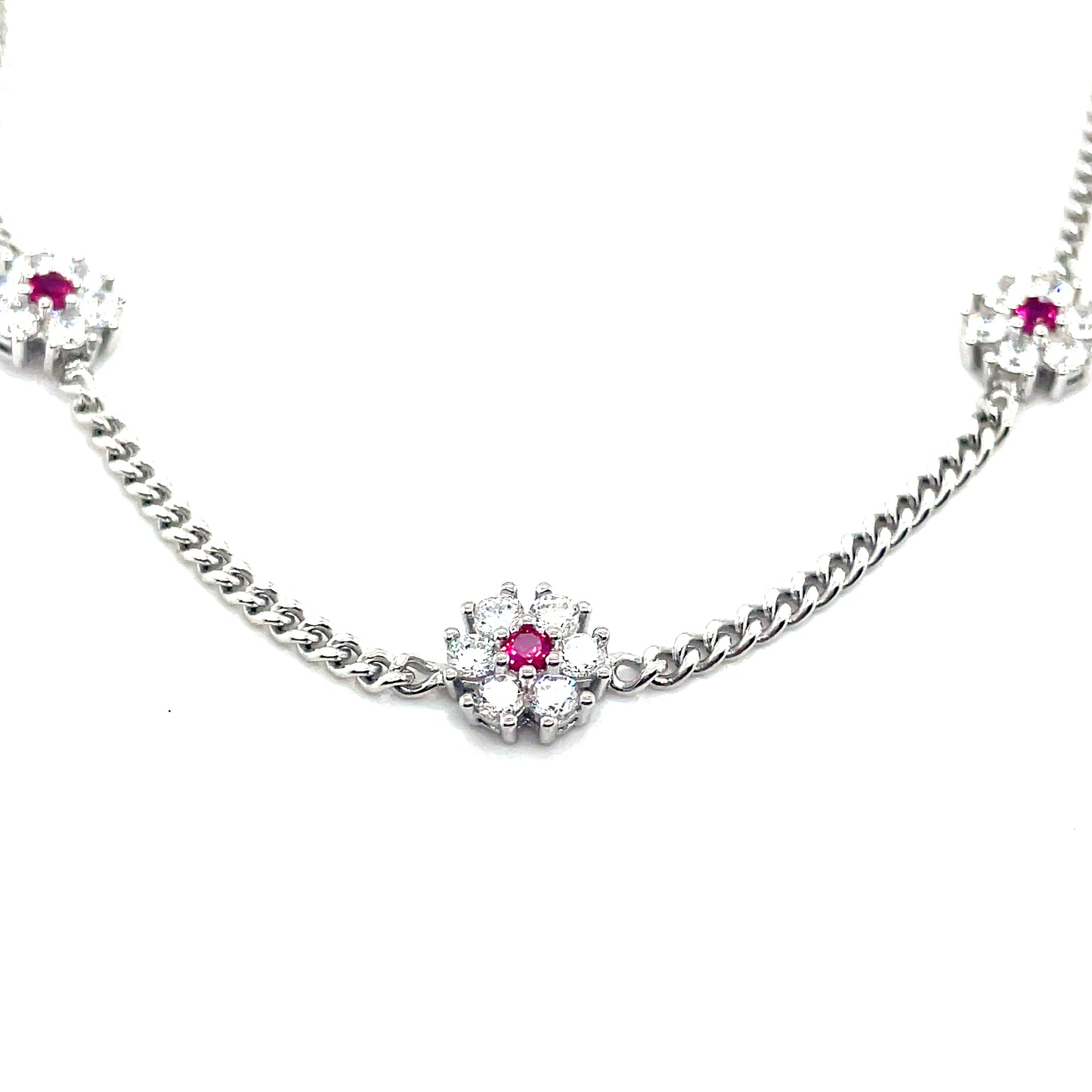 Sterling Silver Cubic Zirconia Scattered Flower Necklet With Red Centre On Curb Chain