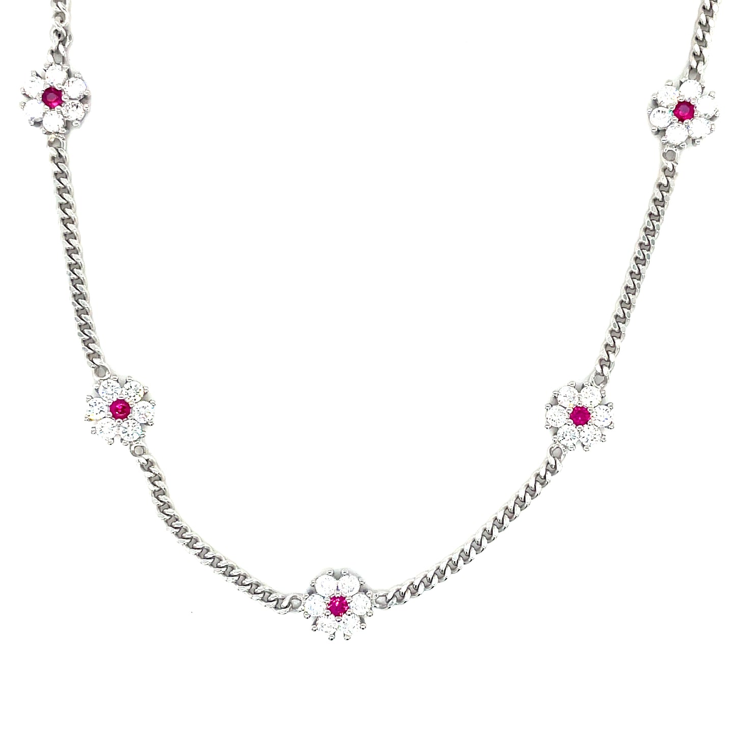 Sterling Silver Cubic Zirconia Scattered Flower Necklet With Red Centre On Curb Chain