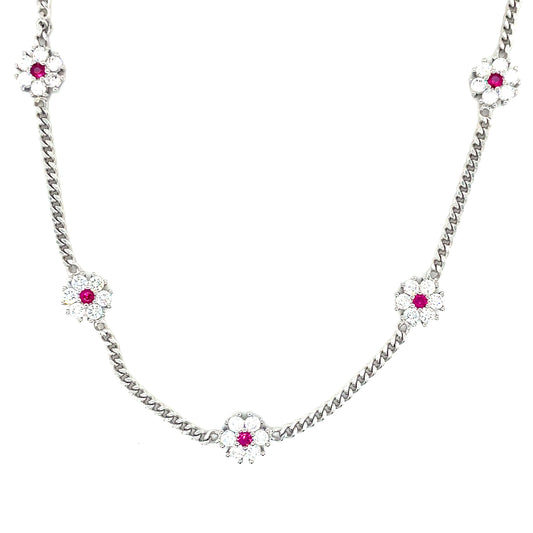 Sterling Silver Cubic Zirconia Scattered Flower Necklet With Red Centre On Curb Chain