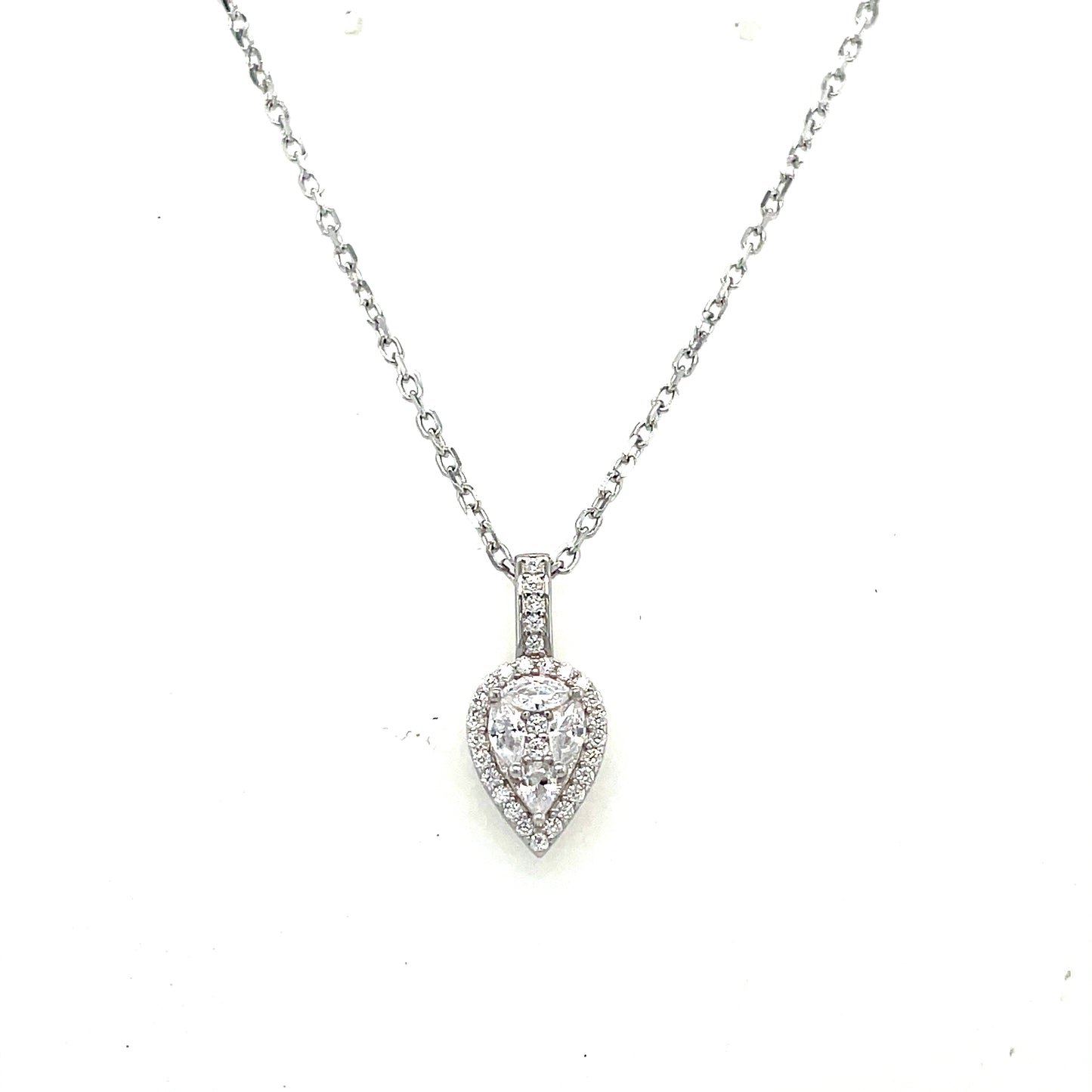Sterling Silver Cubic Zirconia Pear Halo Necklet With Stone Set Baile