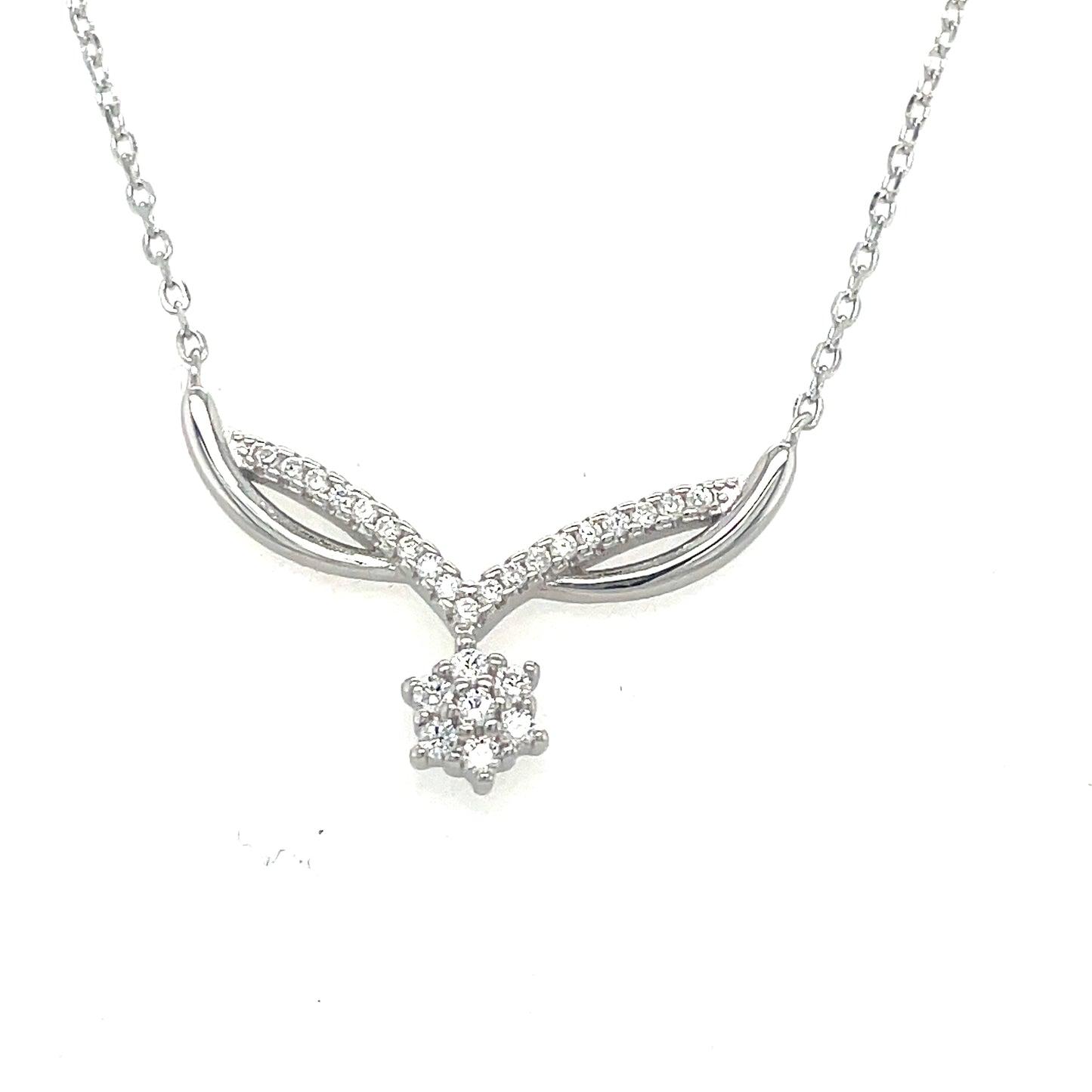 Sterling Silver Cubic Zirconia & Polished Open Hammock Necklet With Drop Flower