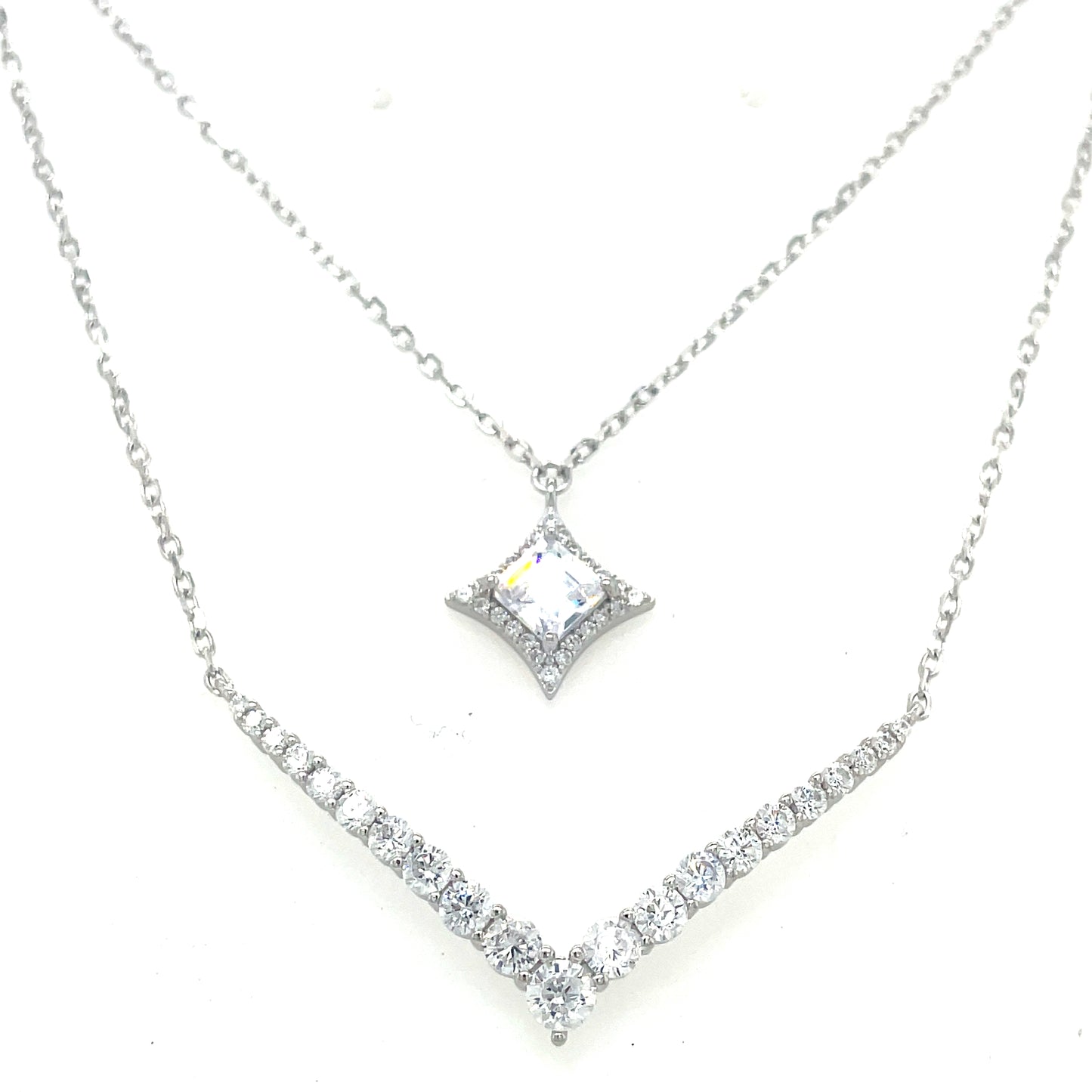 Sterling Silver Cubic Zirconia Double Row V Shape & Star Necklet