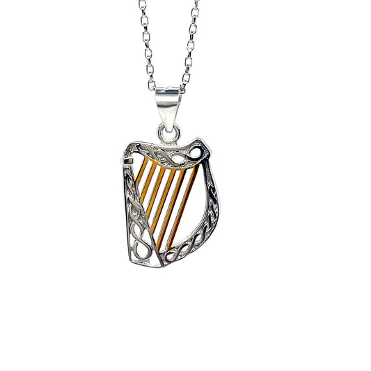 Sterling Silver and Gold Plated Celtic Harp Pendant