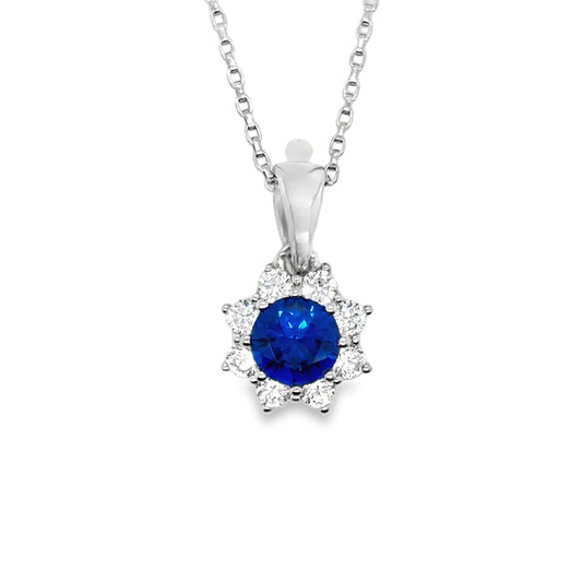 Sterling Silver Round Blue CZ with White CZ Halo Pendant