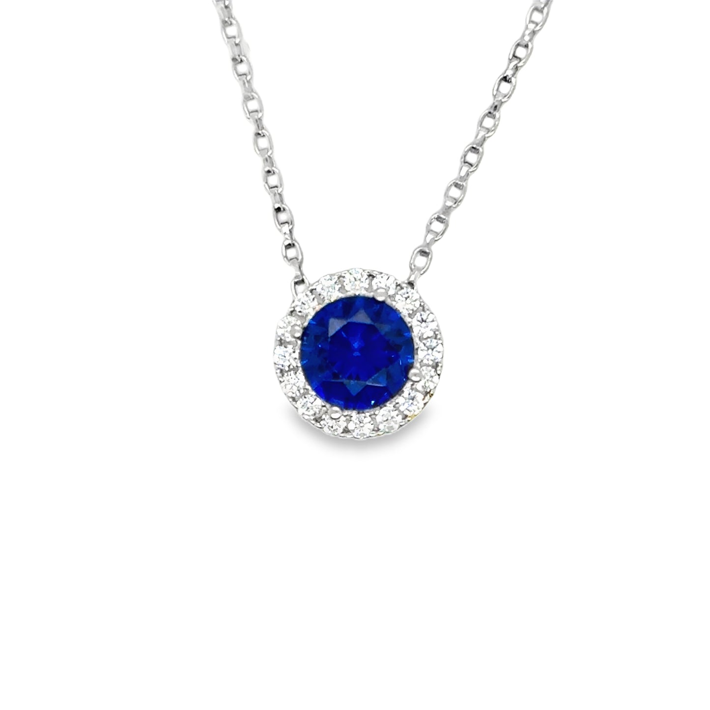 Sterling Silver Blue CZ with White CZ Halo Floating Pendant