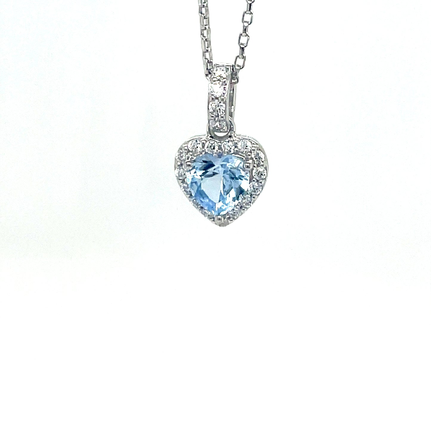 Sterling Silver Blue Heart CZ Pendant with White CZ Halo and Baile