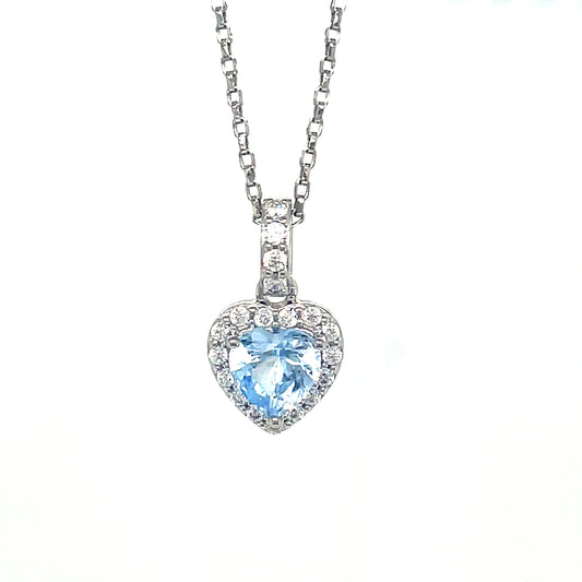 Sterling Silver Blue Heart CZ Pendant with White CZ Halo and Baile