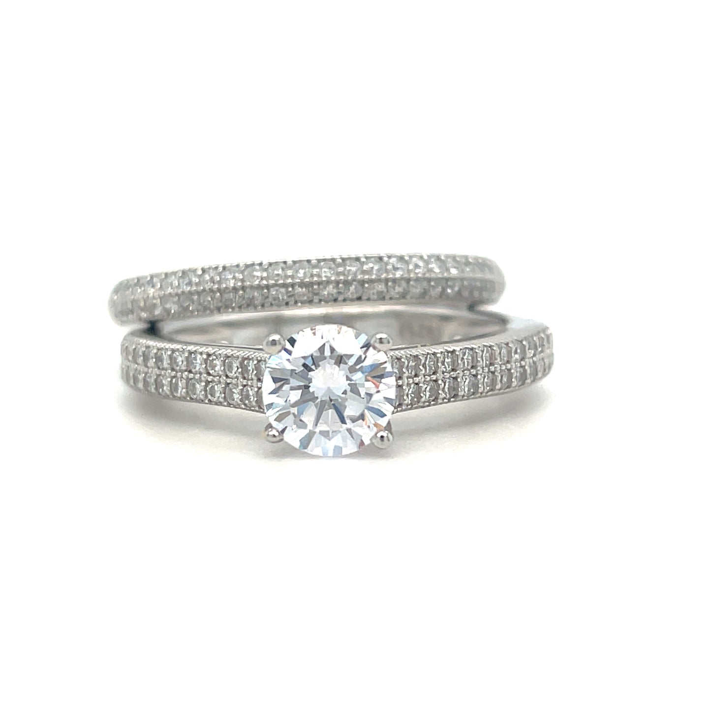 Sterling Silver Ring Pave Set Solitaire With Cubic Zirconia Shoulders + Pave Cubic Zirconia Eternity