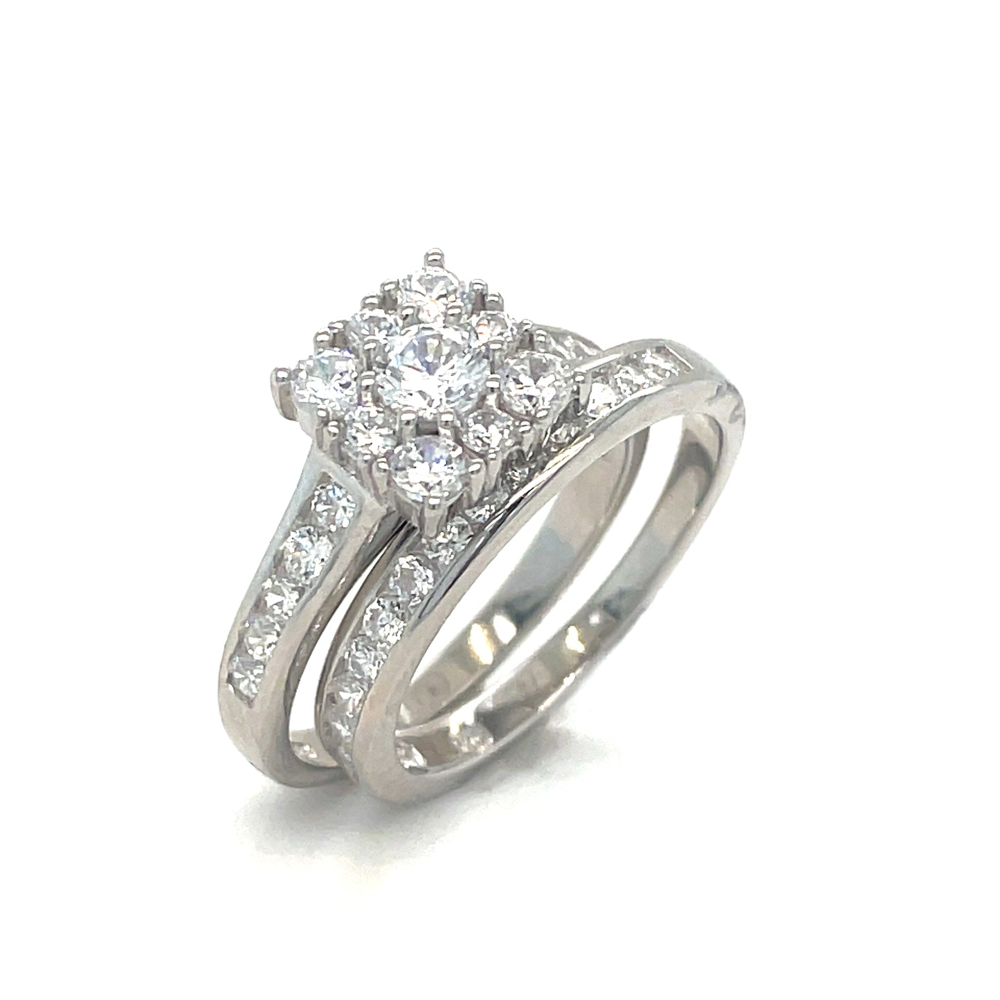 Sterling Silver Ring Set Cubic Zirconia Cluster with Cubic Zirconia Shoulders + Matching Cubic Zirco