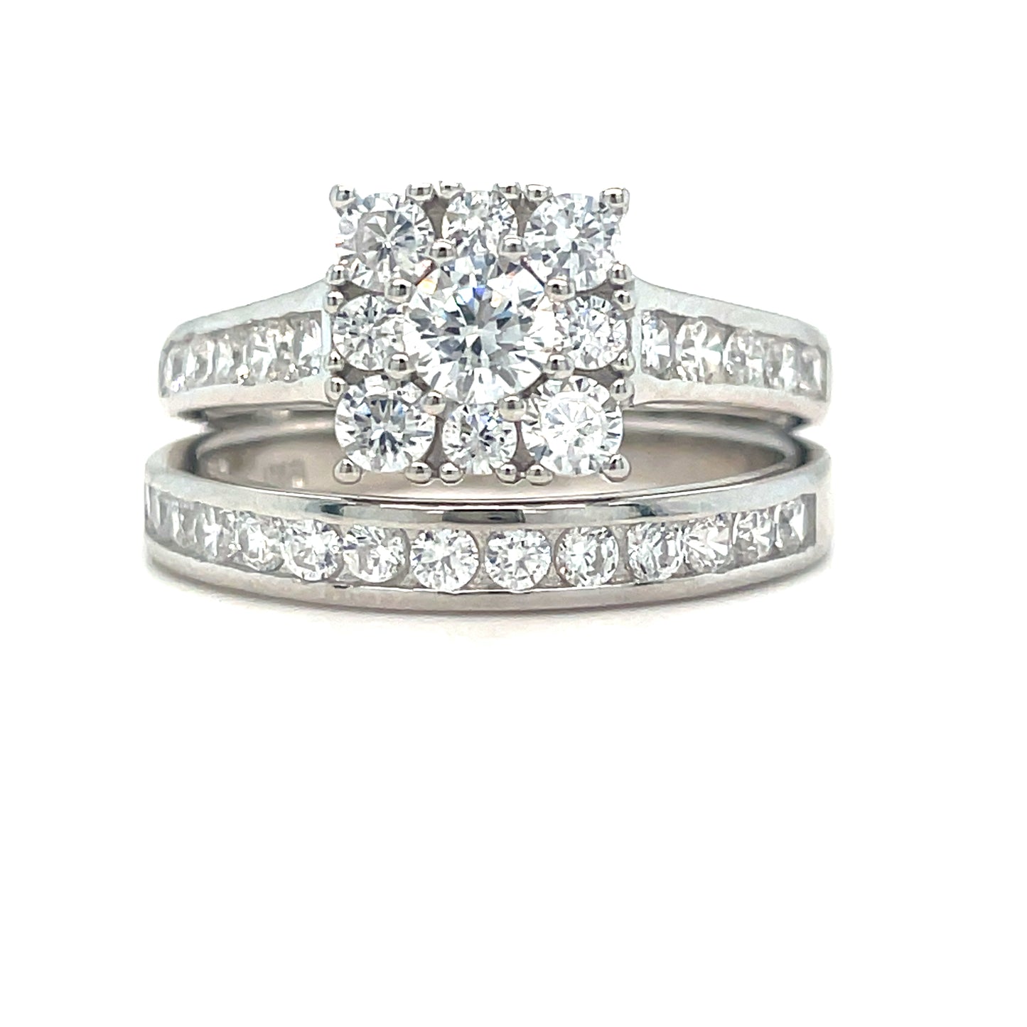 Sterling Silver Ring Set Cubic Zirconia Cluster with Cubic Zirconia Shoulders + Matching Cubic Zirco