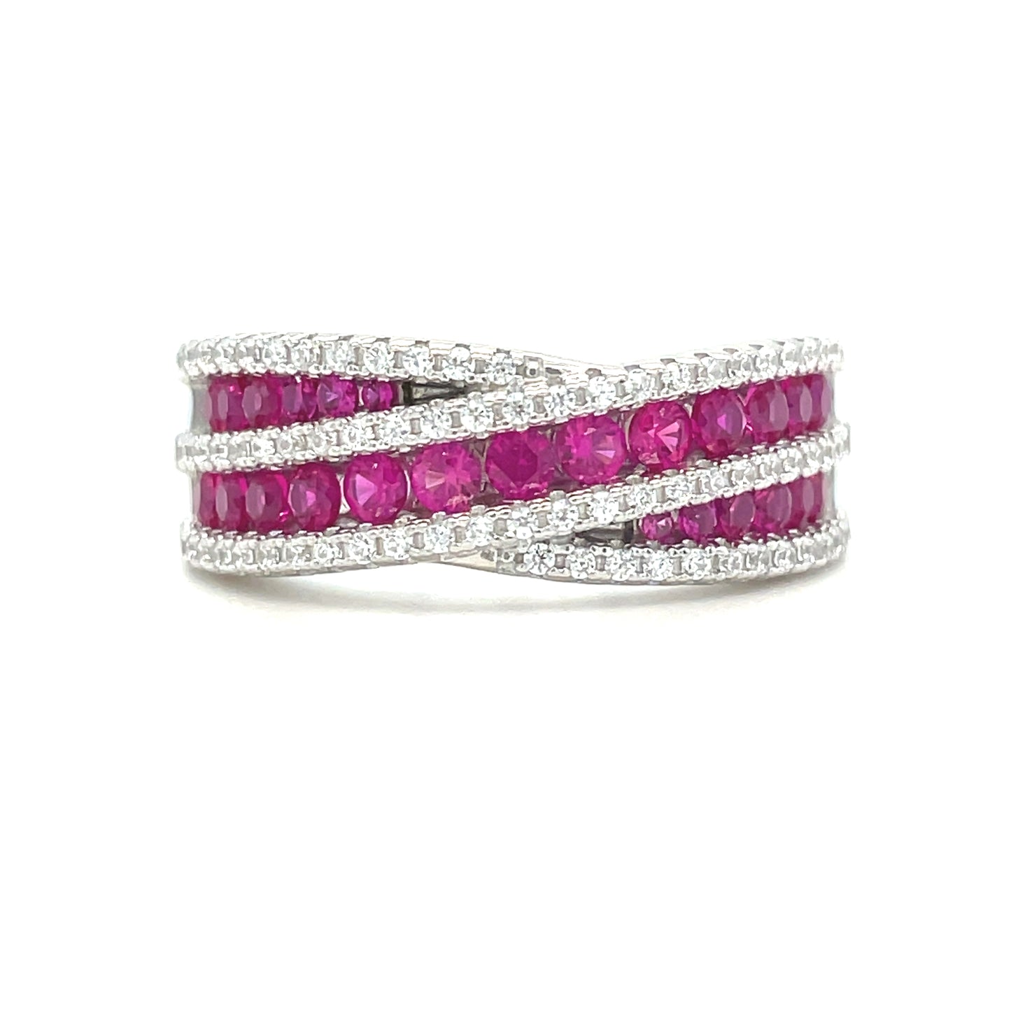 Sterling Silver Ring Red/White Cubic Zirconia Crossover