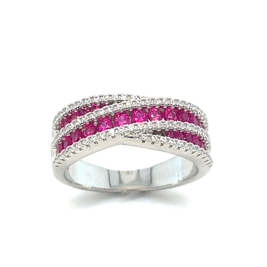 Sterling Silver Ring Red/White Cubic Zirconia Crossover