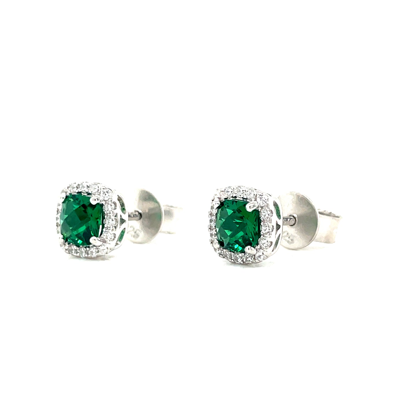 Sterling Silver Green and White CZ Cushion Cluster Earrings