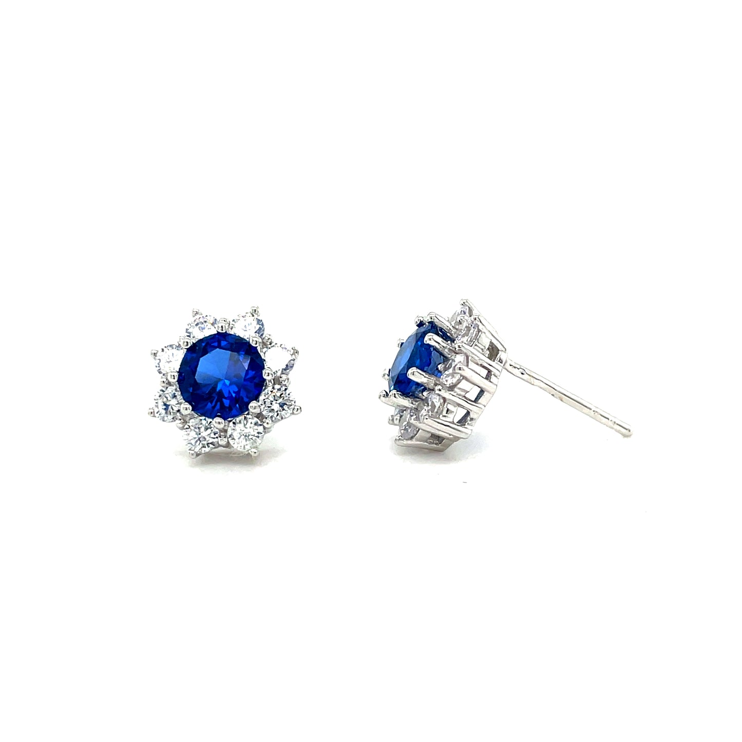 Sterling Silver Round Blue and White CZ Cluster Earrings