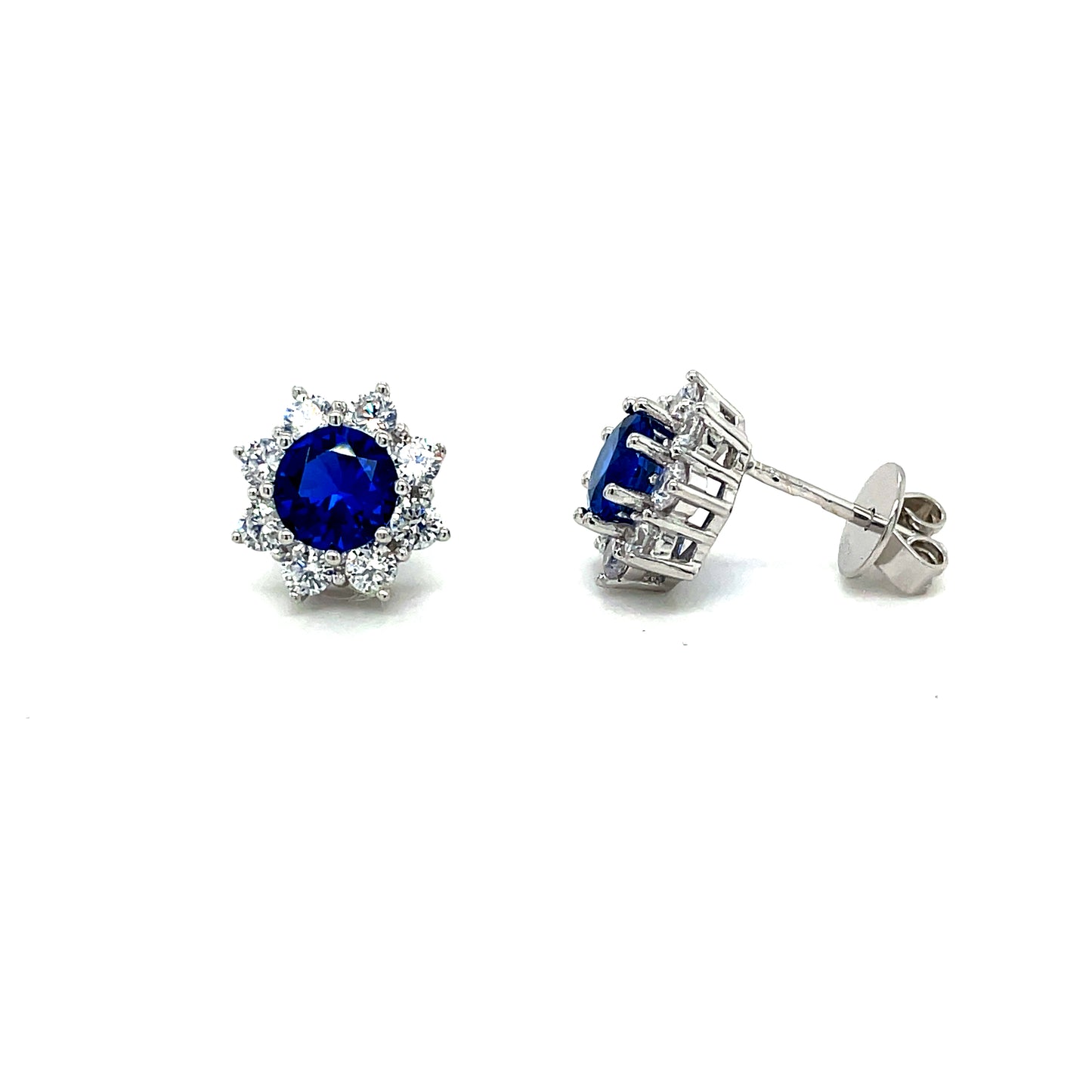 Sterling Silver Round Blue and White CZ Cluster Earrings